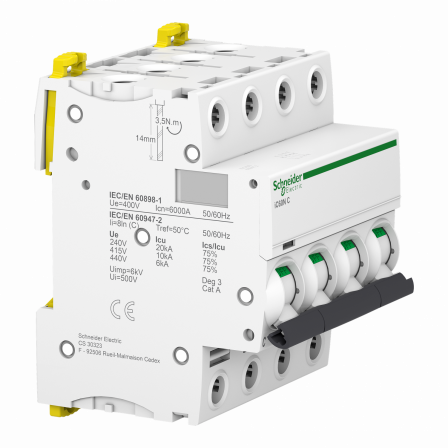 Acti9 iC60N - Disjoncteur - 4P - 63A - Courbe C - 400Vca - 6000A/10kA