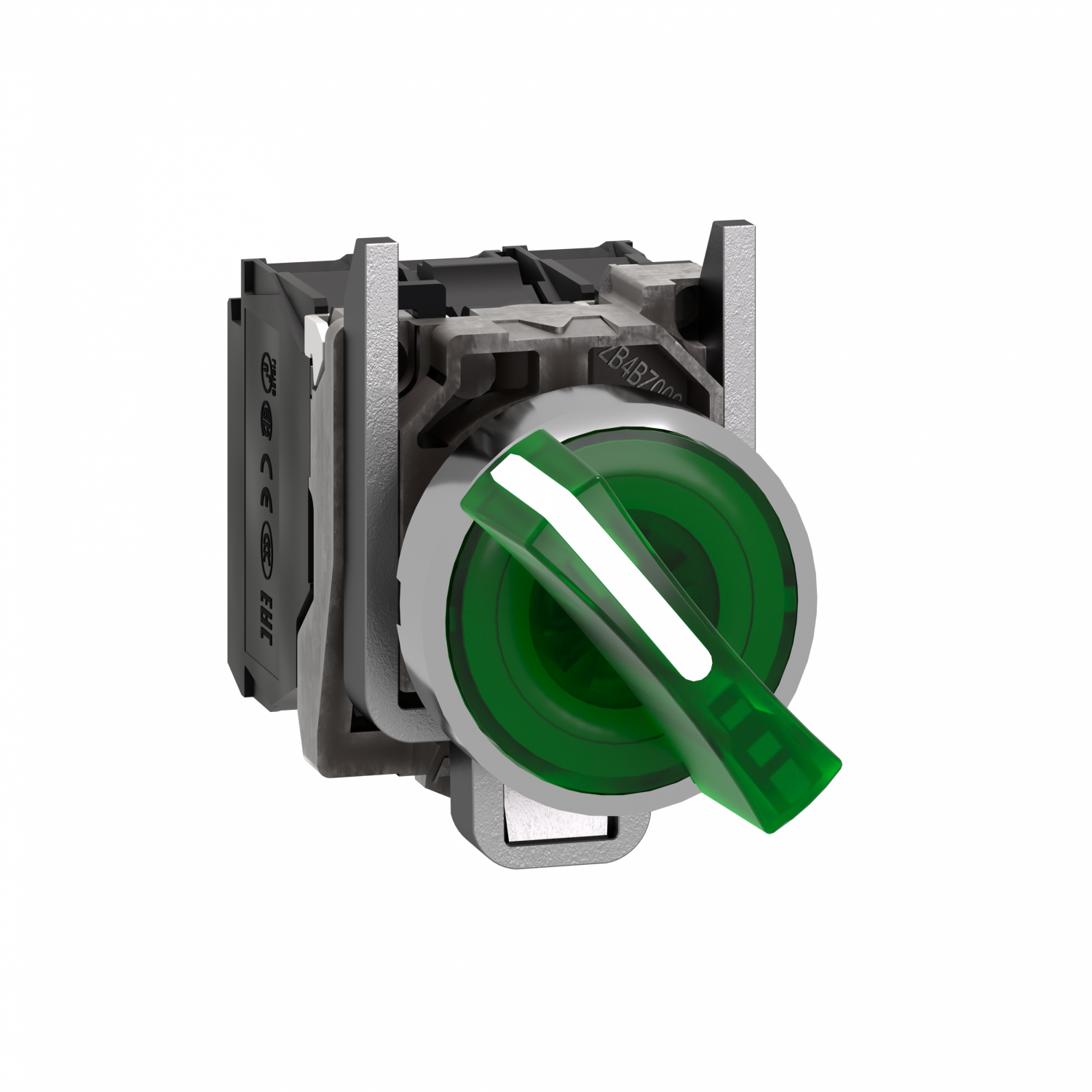 Harmony XB4 - bouton à manette lumin - Ø22 - 2 pos fix - vert - 1O+1F - 230V